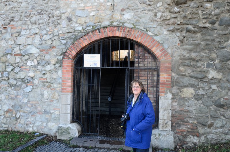 Bratislava012212-8344.jpg - Molly at entrance of Bratislava Castle / Bratislavský hrad