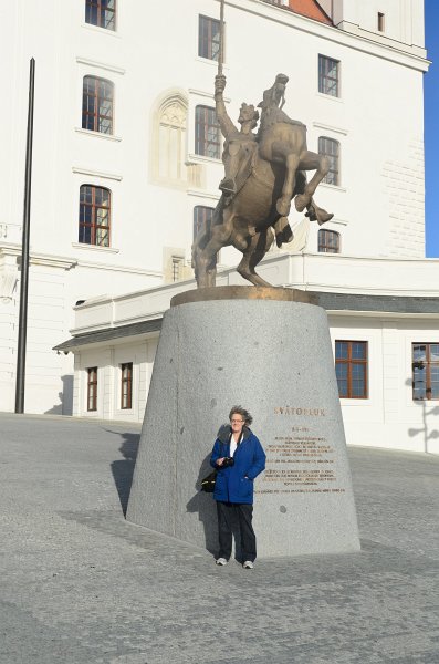 Bratislava012212-8358.jpg - Molly in front of King Svätopluk statue, Bratislava Castle / Bratislavský hrad