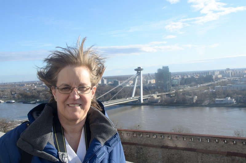 Bratislava012212-8364.jpg - Molly with Nový Most / New Bridge, Danube River, view from Bratislava Castle / Bratislavský hrad