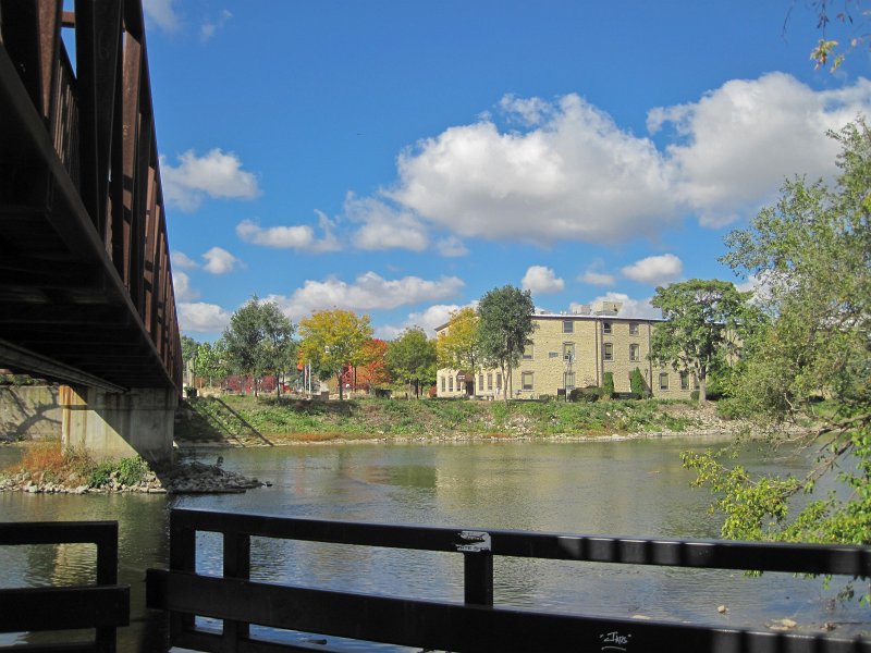 FoxRiverBike093012-4246.jpg - Looking across the Fox River at the Batavia City Hall.  The Peace Bridge, for bikes and pedestrians on the left edge