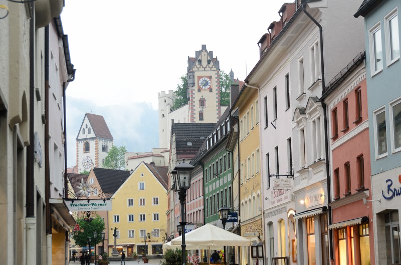Fussen051212-0874.jpg - Reichenstrasse, looking South at the Hohes Schloß Füssen (right) and St Mang Basilica (left)