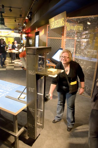 JacksBirthdayApril2012-0102.jpg - Leslie, Cathie, and Jack at, MythBusters exhibit at the Museum of Science and Industry