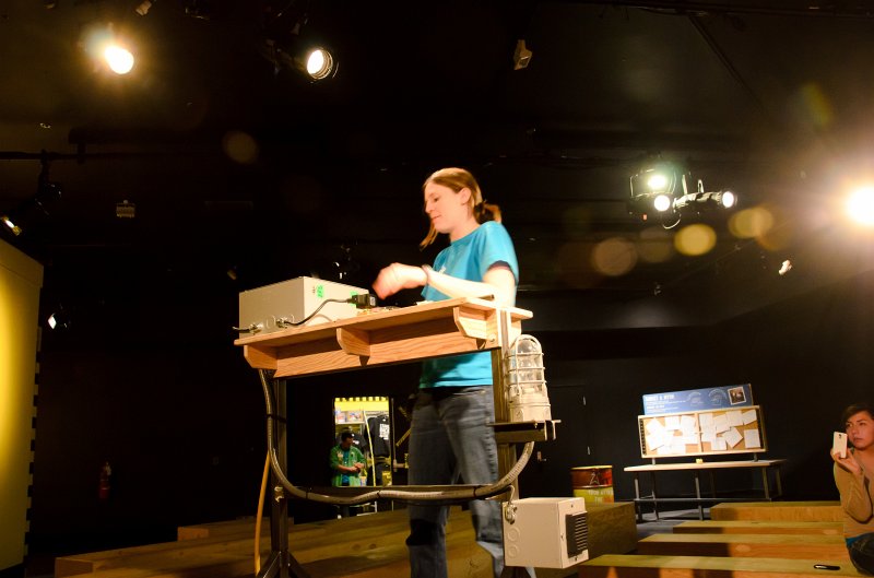 JacksBirthdayApril2012-0107.jpg - Leslie, Cathie, and Jack at, MythBusters exhibit at the Museum of Science and Industry