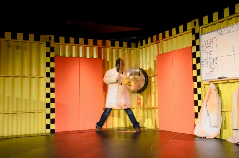 JacksBirthdayApril2012-0110.jpg - Leslie, Cathie, and Jack at, MythBusters exhibit at the Museum of Science and Industry