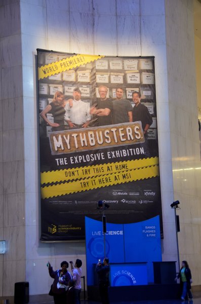 JacksBirthdayApril2012-0128.jpg - Leslie, Cathie, and Jack at, MythBusters exhibit at the Museum of Science and Industry