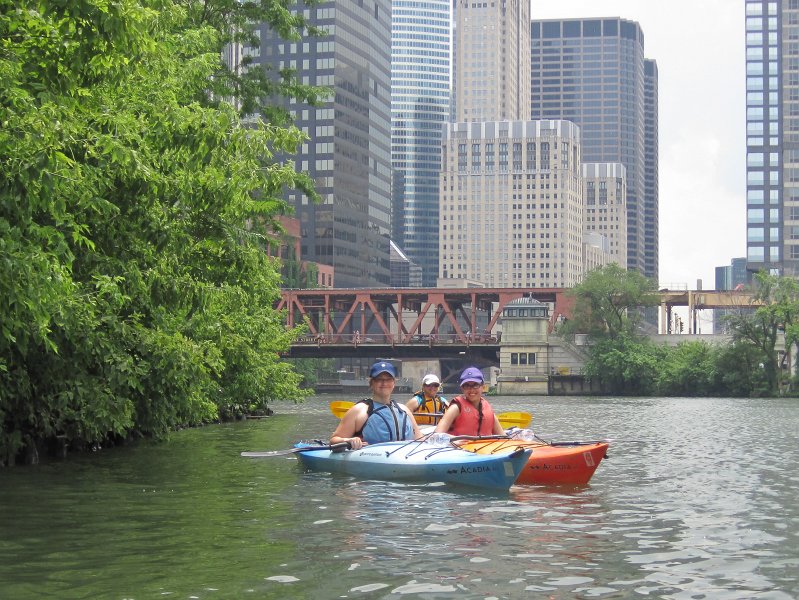 KayakChicagoRiver071412-3934.jpg - Liz, Bin, and Cathie after just leaving Wolf Point River Confluence, Lake Street Bridge