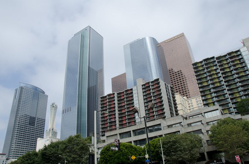 LosAngeles060112-2277.jpg - Gas Company Tower (left), Two California Plaza (center left), One California Plaza (center, round corner)