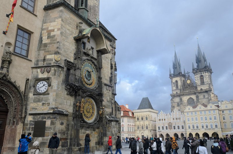 Prague012312-8474.jpg - Týnský Chrám / Church of Our Lady before Týn, Pražský orloj  / Prague Astronomical Clock, view from Old Town Square /  Staroměstské náměstí