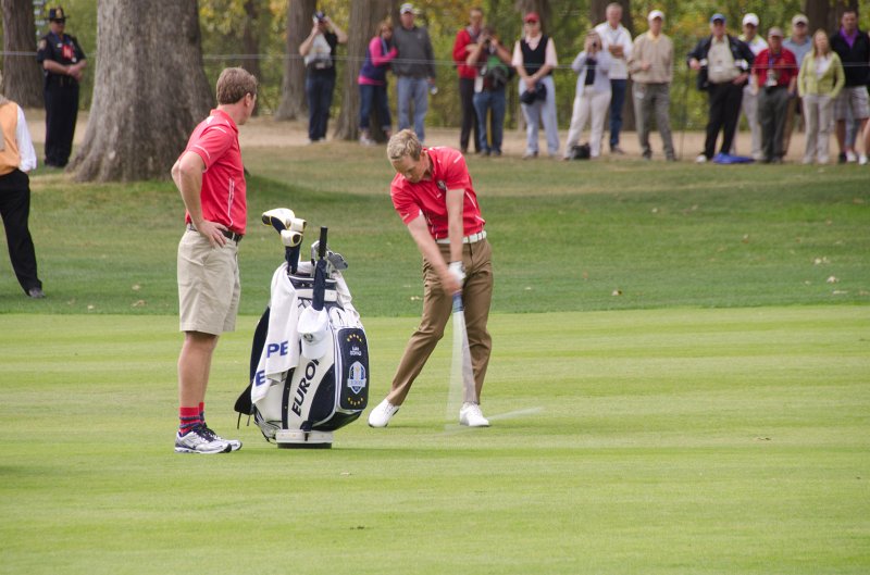 Rydercup092712-3386.jpg - Luke Donald hitting an approach shot on the 16th hole
