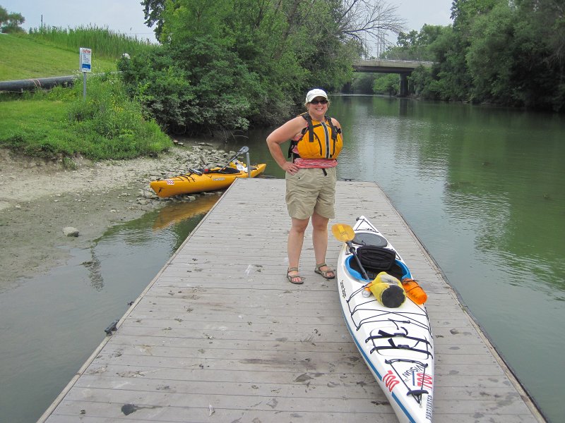 IMG_5558.jpg - Cathie at the North Shore Channel take-out point, the boat launch of the Dammrich Rowing Center.  It's just North of Oakton at McCormick Blvd