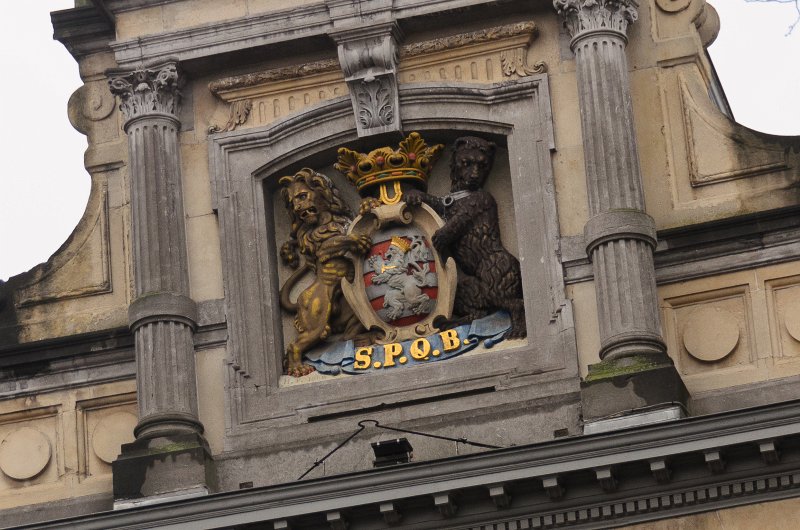 Bruges010413-4938.jpg - Bruges City Coat of Arms, Senatus Populus Que Brugensis (SPQB), Front Wall of the Koninkluke Stadsschouwburg / Royal City Theatre of Bruges