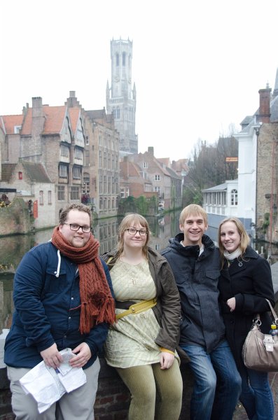 Bruges010413-4971.jpg - Chris, Liz, Mike and Liane at iconic Rozenhoedkaai / Rose Hat Quay, at Groenerei (Green Canal) and Dijver canals. Belfort (background)