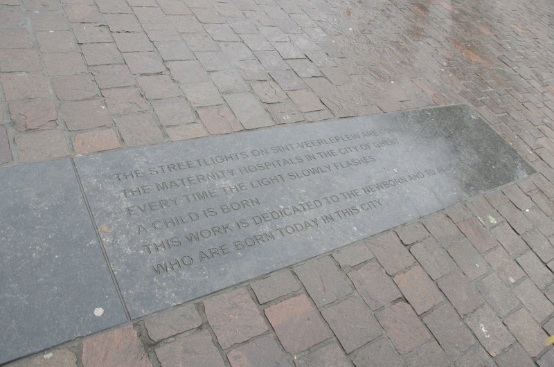 Ghent010513-5094.jpg - The street lights on Sint-Veerleplein are connected to the maternity hospitals in the city of Ghent.  Everytime the light slowly flashes, a child is born.  This work is dedicated to the newborn and to all children who are born today in this city.