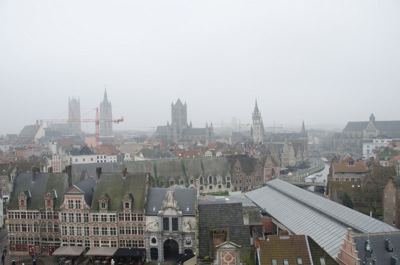 Ghent010513-5125.jpg - Sint-Baafsplei (left), Belfort Gent, St Niklaaskerk, Oude Postkantoor, Graslei street, River Leie, Sint-Veerleplein (foreground), looking South East from Gravensteen Castle