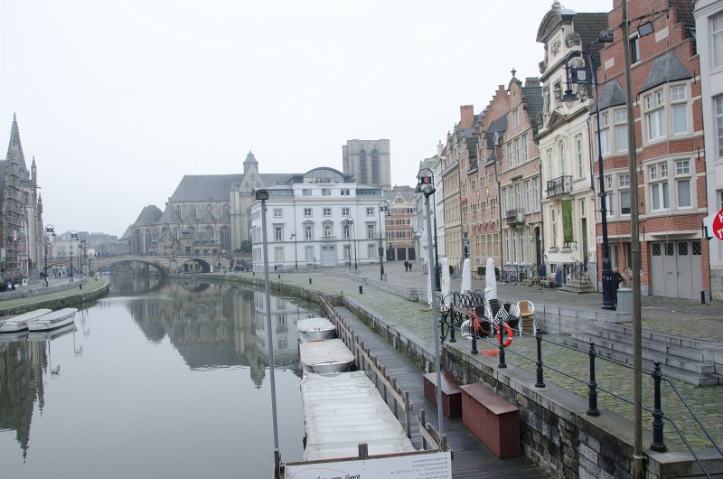 Ghent010513-5155.jpg - Looking South along Korenlei Street along the River Leie. Saint-Michaels Church (background, behind Sint-Michielsbrug bridge)