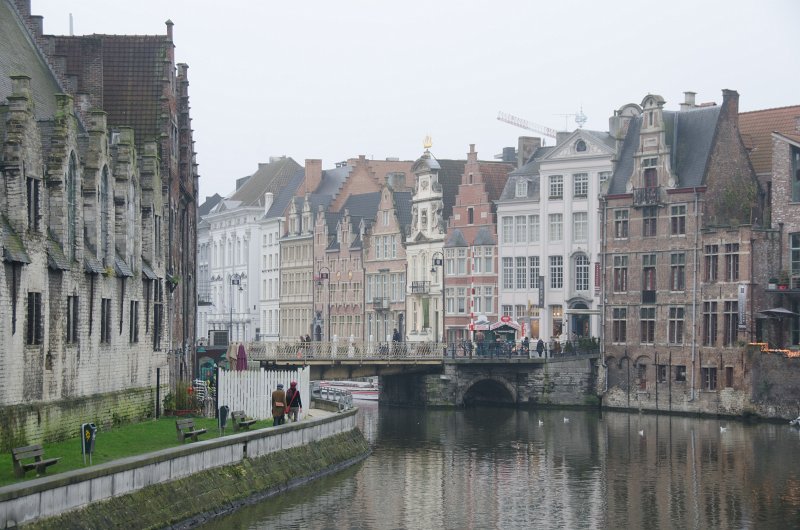 Ghent010513-5178.jpg - River Leie view looking South West from the Kleine Vismarkt bridge.  Groot Vleeshuis (left edge), Gras brug Bridge (background)