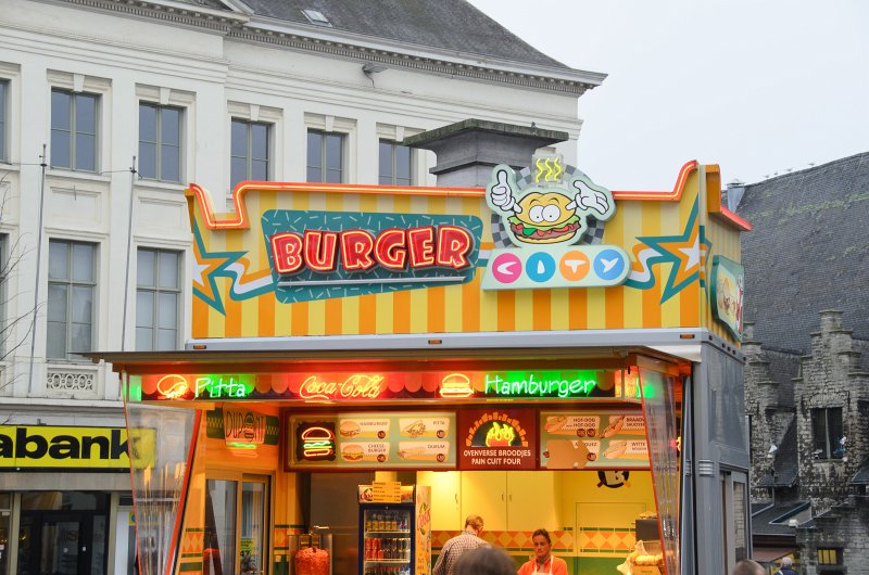Ghent010513-5164.jpg - Burger City Hamburger Stand in the Groentenmarkt. Groot Vleeshuis / Great Butchers' Hall (background right)
