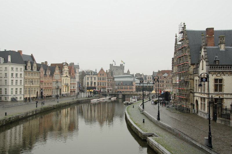 Ghent010513-5184.jpg - River Leie with Korenlei (left) and Graslei Streets (right).  View from Graslei at the Sint-Michielsbrug Bridge. Gras brug bridge, background