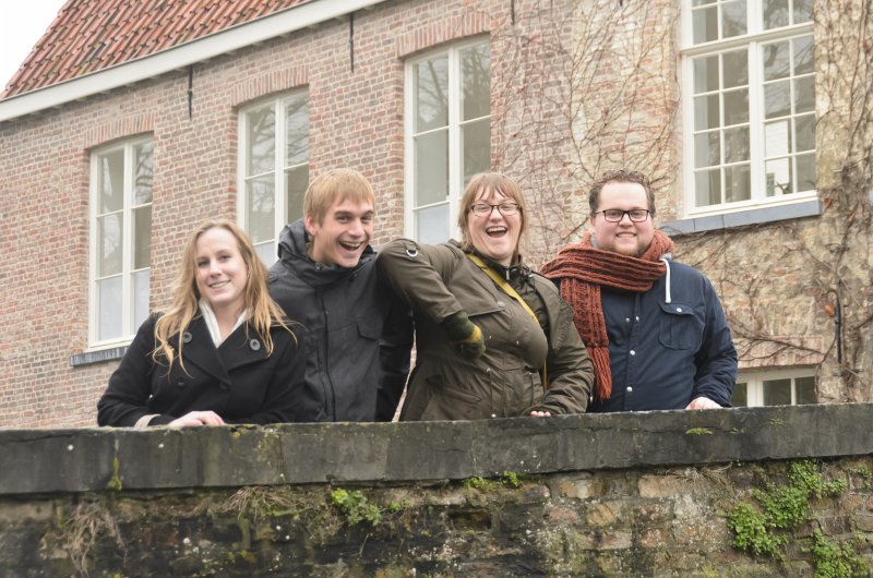 Bruges010413-4909.jpg - Mike, Liane, Liz and Chris on the Peerdenstraat Bridge over the Groenerei (Green Canal), Bruges