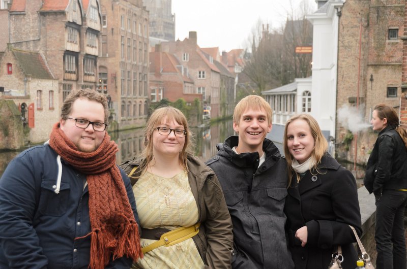 Bruges010413-4972.jpg - Chris, Liz, Mike and Liane at the iconic Rozenhoedkaai / Rose Hat Quay, at Groenerei (Green Canal) and Dijver canals. Belfort (background)