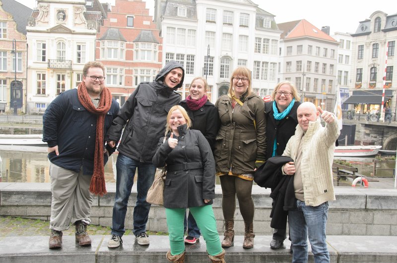 Ghent010513-5158.jpg - Chris, Mike, Liane, Liz, Cathie and friends on Graslei Street along the Leie River, Ghent