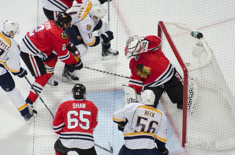 BlackHawks040713-6110.jpg - Goal scored against Emery. Shaw and Keith. Nashville Predators vs Chicago Blackhawks Hockey