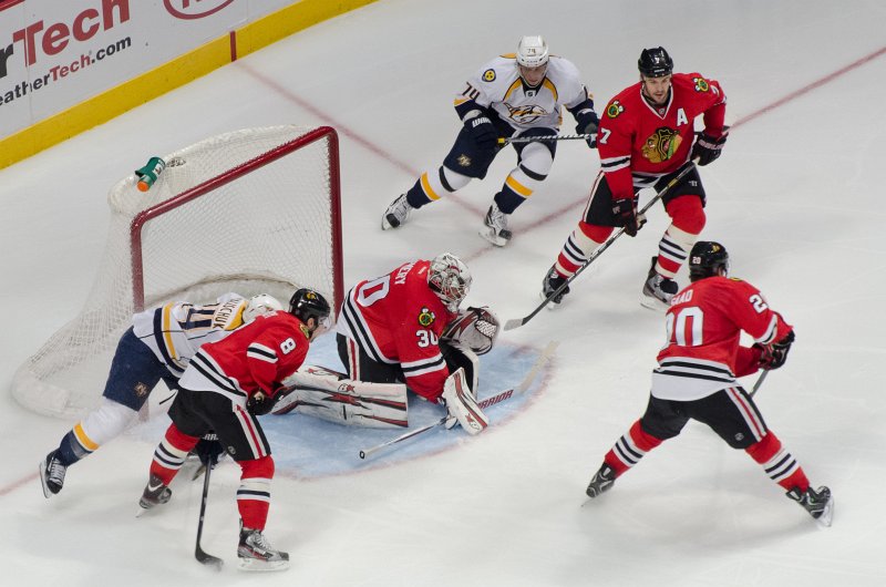 BlackHawks040713-6127.jpg - Emery, Saad, Leddy and Seabrook defending Hawks goal. Nashville Predators vs Chicago Blackhawks Hockey