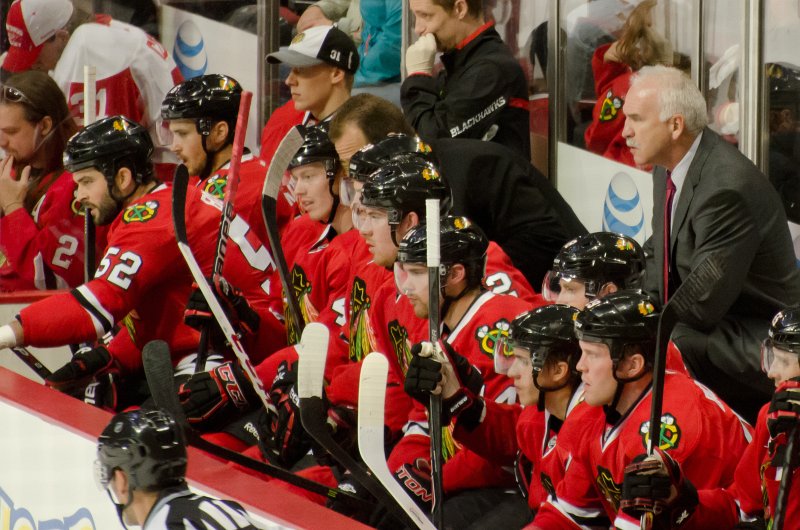 BlackHawks091713-8521.jpg - View of the Hawks bench from our seats behind the net. Blackhawks vs Detroit preseason game