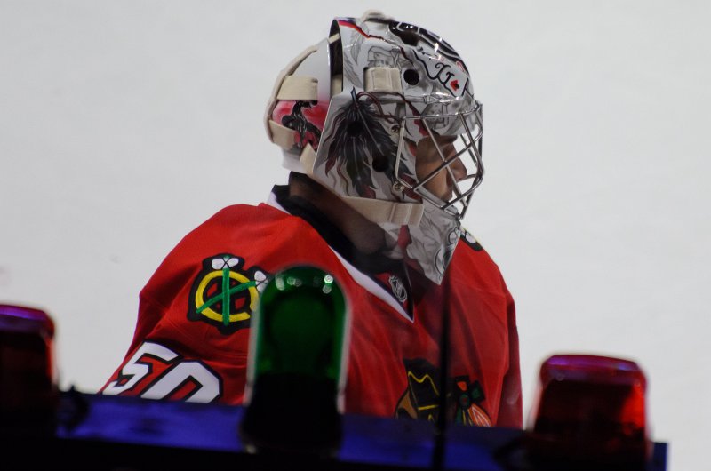 BlackHawks091713-8534.jpg - Closeup of 50-Corey Crawford waiting for a face-off. Blackhawks vs Detroit preseason game