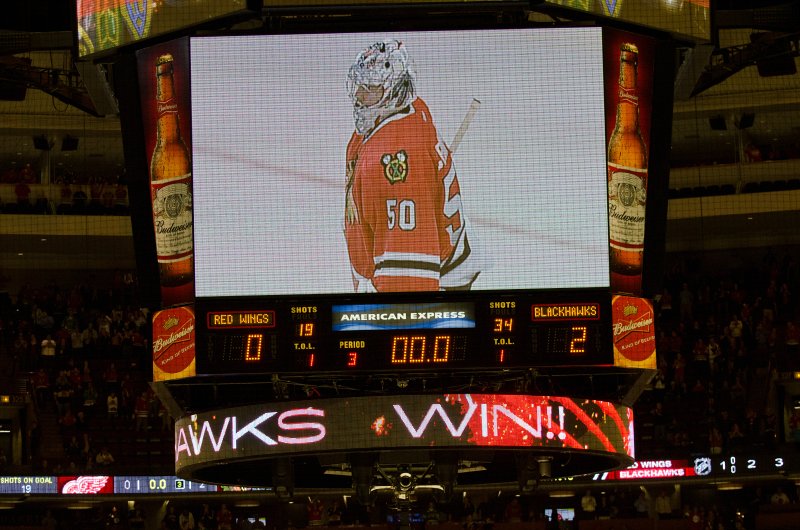 BlackHawks091713-8611.jpg - Corie Crawford on jumbo tron just after they win! Blackhawks vs Detroit preseason game