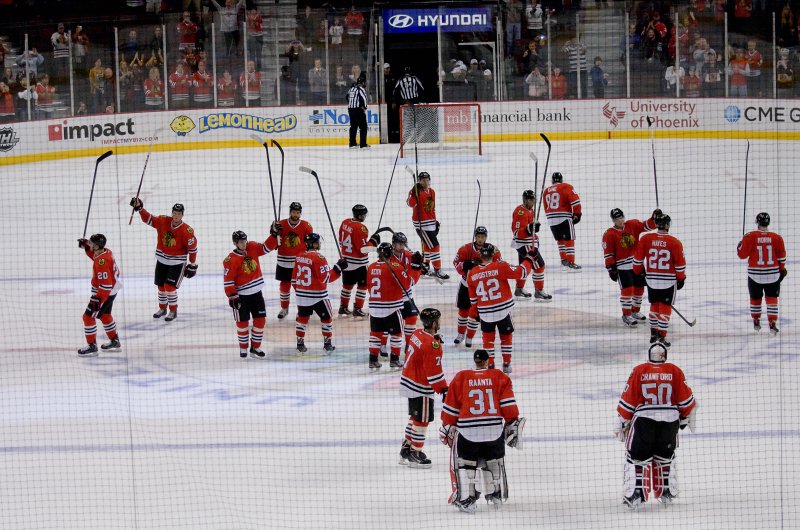 BlackHawks091713-8617.jpg - The Blackhawks thanking their fans at the end of the Detroit game!! Blackhawks vs Detroit preseason game