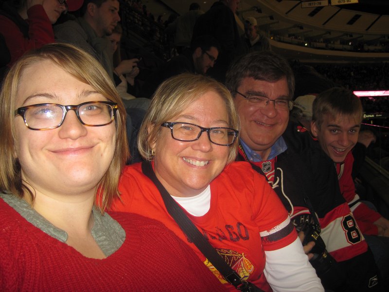Blackhawks121513-0003.jpg - Liz, Cathie, Jack and Mike sitting in row 1, section 333. Kings vs Blackhawks hockey, United Center, Chicago