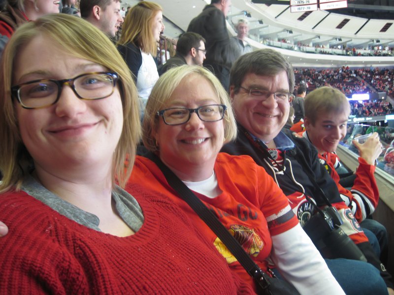 Blackhawks121513-0004.jpg - Liz, Cathie, Jack and Mike sitting in row 1, section 333. Kings vs Blackhawks hockey, United Center, Chicago