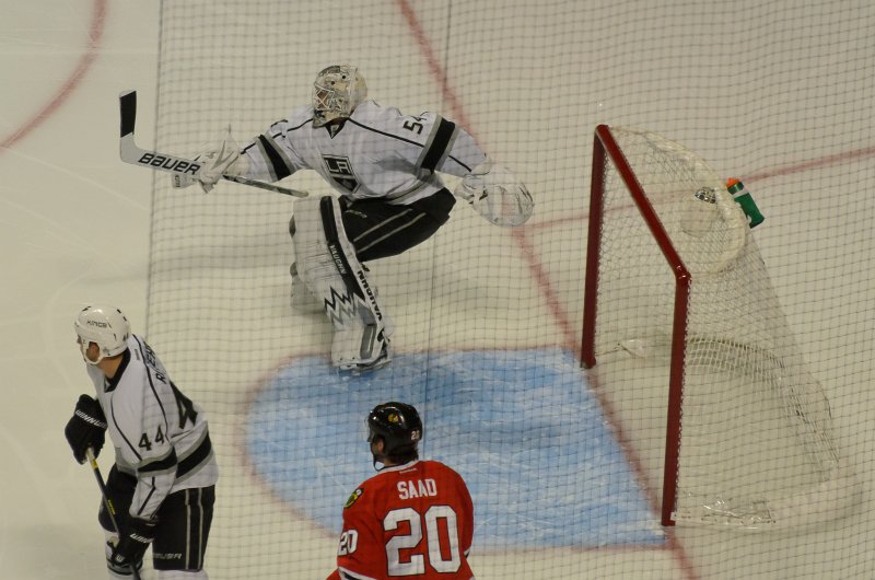 Blackhawks121513-9750.jpg - Sadd at King's goal. Kings vs Blackhawks hockey, United Center, Chicago