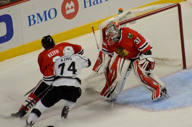 Blackhawks121513-9766.jpg - Keith and Raanta at the Blackhawks goal. Kings vs Blackhawks hockey, United Center, Chicago