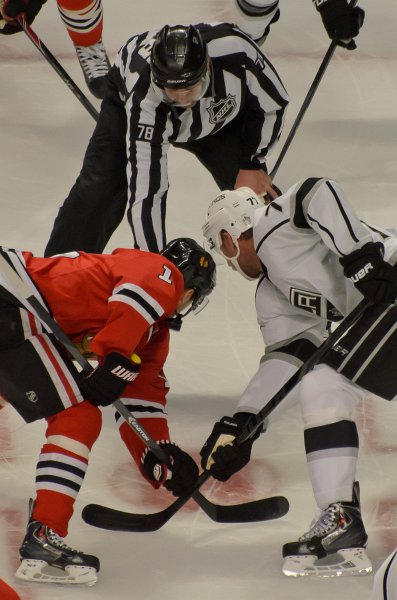Blackhawks121513-9776.jpg - Kruger facing off. Kings vs Blackhawks hockey, United Center, Chicago