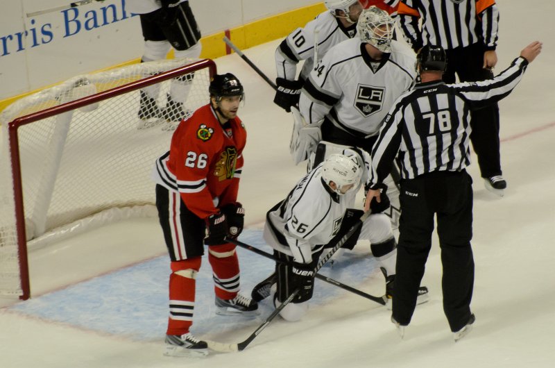 Blackhawks121513-9796.jpg - Michal Handzus in the goal.  Where's Raanta? Kings vs Blackhawks hockey, United Center, Chicago