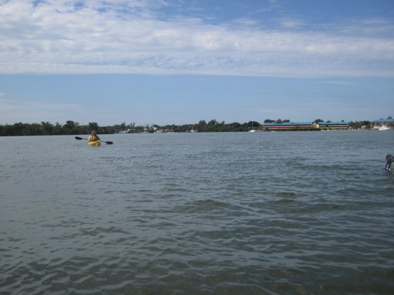 Captiva041813-5093.jpg - Liz. Kayaking around Buck Kay, very smooth water.  Winds from the NNE.  Paddled back with Dolphin.