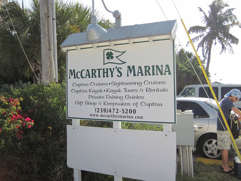 Captiva041813-5000.jpg - McCarthy Marina sign at entry to parking lot. Kayaking around Buck key, then took mangrove trail.  Went South 2/3 of the way down Roosevelt Channel then headed back.