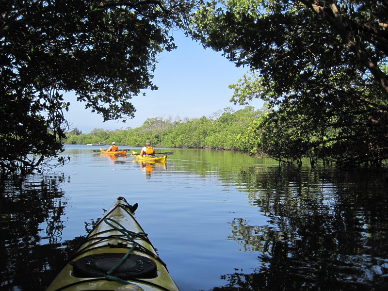 Captiva041813-5015.jpg - Cathie and Liz entering the Braynerd Bayou from the mangrove trails. Kayaking around Buck key, then took mangrove trail.  Went South 2/3 of the way down Roosevelt Channel then headed back.