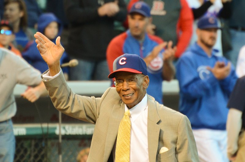 CubsVsReds081313-8019.jpg - Ernie Banks, Presidential Medal of Freedom, recognized by Cubs fans at Wrigley Field home plate, 8/13/13