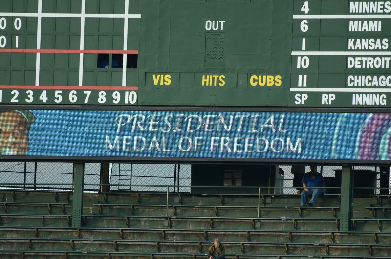 CubsVsReds081313-8026.jpg - Ernie Banks, Presidential Medal of Freedom, recognized by Cubs fans at Wrigley Field home plate, 8/13/13