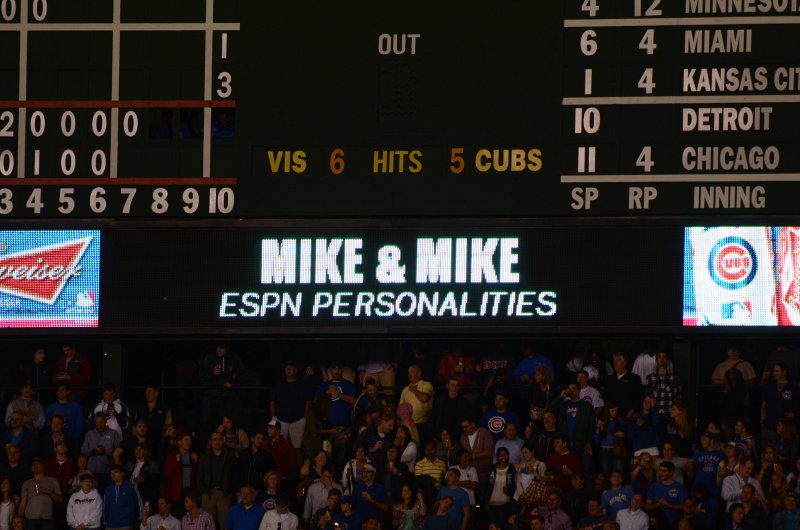 CubsVsReds081313-8118.jpg - Mike and Mike singing 7th inning stretch. Cubs vs Reds at Wrigley FIeld