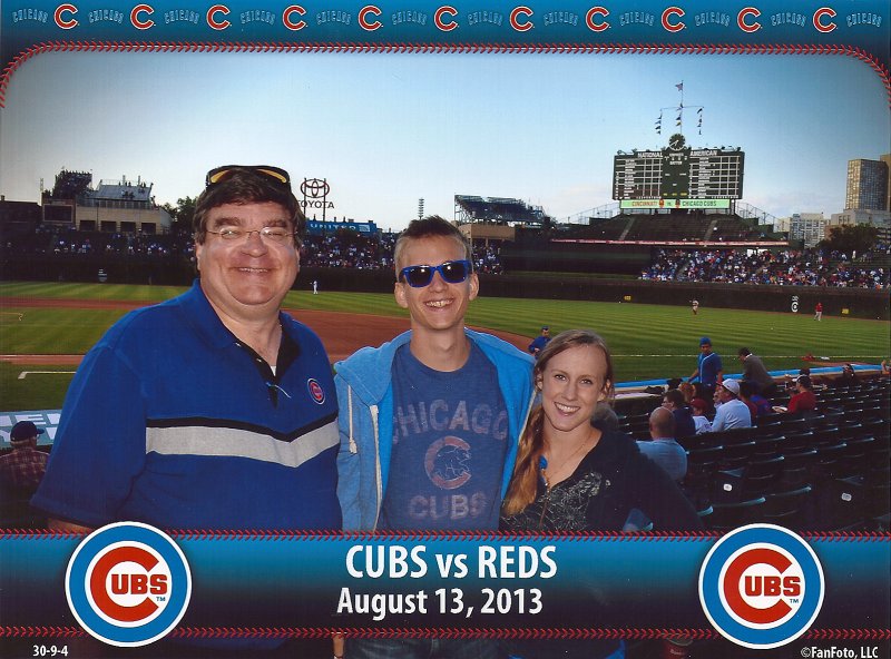 RedVsCubs081313.jpg - Jack, Mike and Liane at Reds Vs Cubs Baseball game at Wrigley Field, 13-Aug-13.