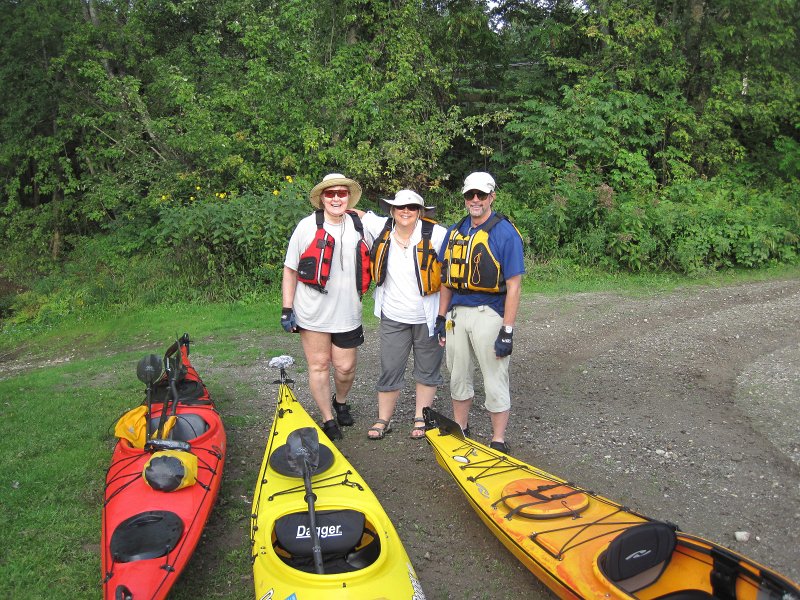 Maine090113-6103.jpg - Leslie, Cathie, and Ian at the Davis Park take-out point, Bethel. Kayaking Androscoggin River from Shelburne to Bethel