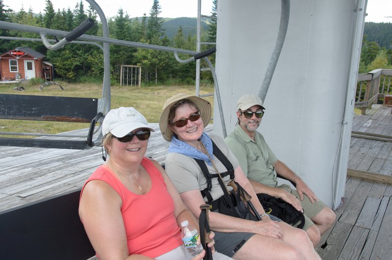 Maine090113-8282.jpg - Cathie, Leslie and Ian sitting on the Barker Mountain Ski Lift (idle) taking a break from hiking the Three Mile Trail, Sunday River