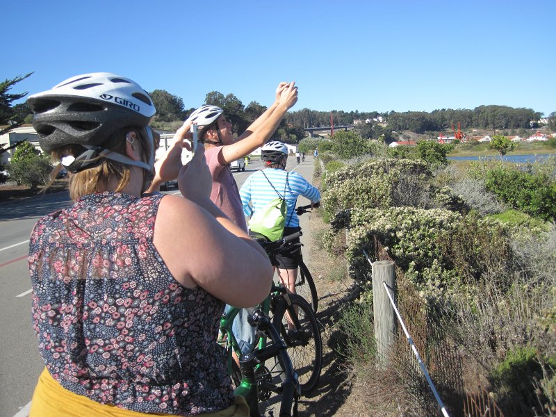SanFrancisco100313-6243.jpg - Liz, Cathie and Mike stopping to take pictures along Crissy Field. Biking the Golden Gate Bridge to Sausalito