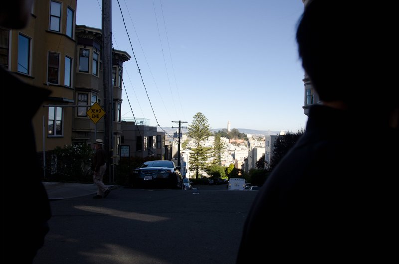 SanFrancisco100313-8669.jpg - Looking east along Greenwich St at Coit Tower. Riding on the  Powell-Hyde Cable Car