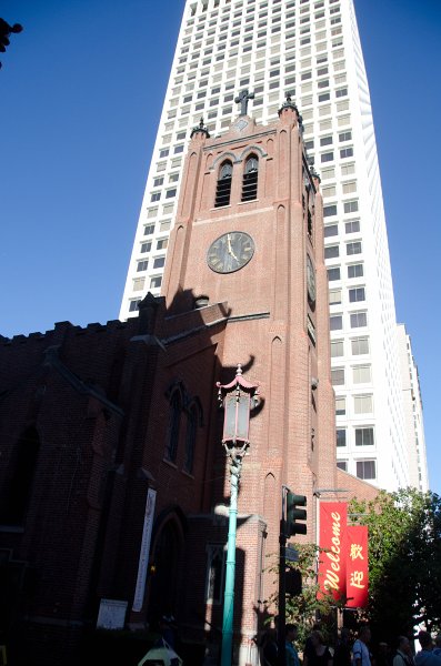 SanFrancisco100313-8694.jpg - Old Saint Mary's Cathedral in Chinatown. 650 California Street skyscraper, background
