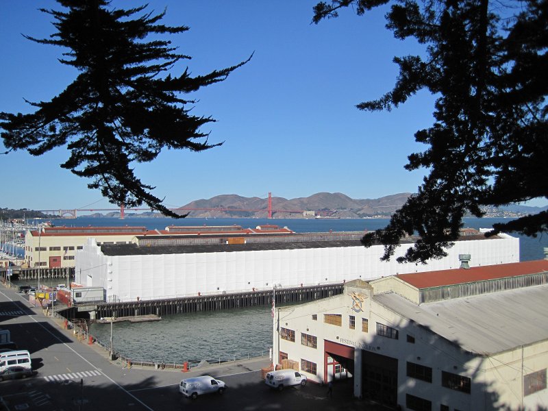 SanFrancisco100313-6237.jpg - Looking Northwest toward Golden Gate Bridge, viewed from Black Point Battery.  The piers in the foreground are part of  Fort Mason Center.  Biking the Golden Gate Bridge to Sausalito